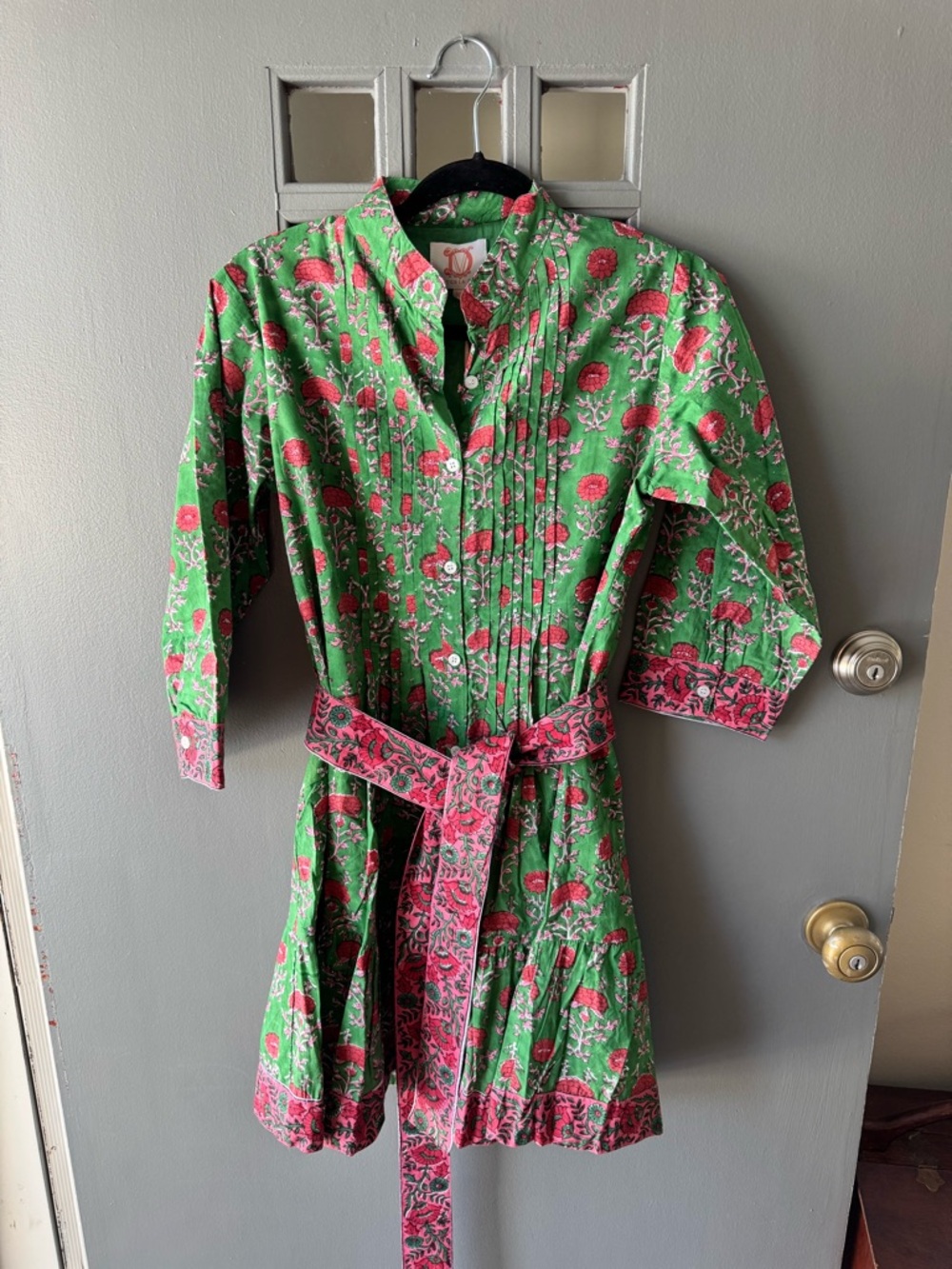 Victoria Dunn Green Floral Mini Dress with Pink Belt